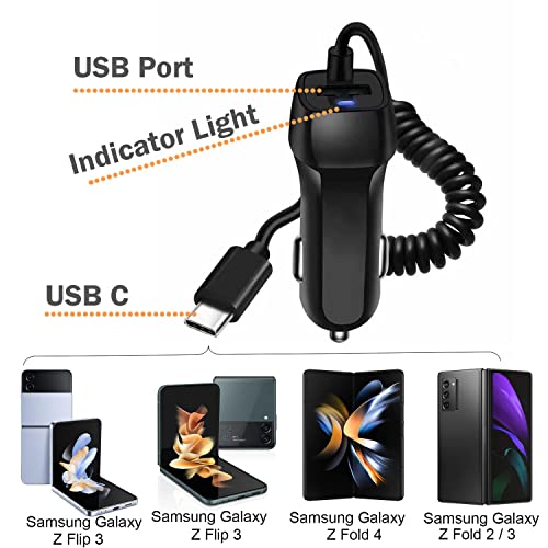 Car Phone Charger for Samsung Galaxy Z Flip 5 5G, Flip 4, Flip 3, Z Fold 5, Fold 4, Fold 3, Fold 2 Car Charging Cord Extra USB Port with Integrated Power Cable for Samsung Galaxy, Nokia, Switch(Black)