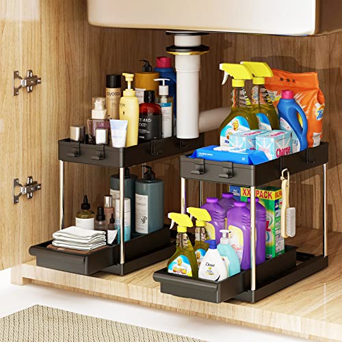 Image of BuyBuyQUEEN 2 Pack Under Sink Organizers and Storage,2 Tier Kitchen Sink Organizer,Under the Sink Pull Out Cabinet Organizer with 4 Hooks Sliding Shelf for Bathroom Organization