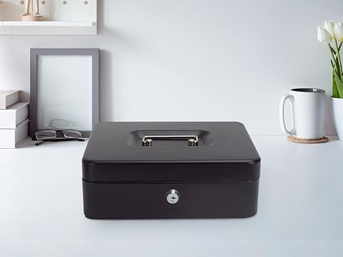 Miniatura 6 de Caja de dinero con cerradura y bandeja de dinero, caja de dinero de metal, caja grande para dinero 9.84 x 7.87 x 3.54 pulgadas, color negro