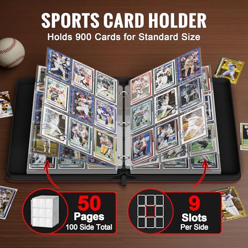 Image of Kabinka 9 Pocket Football Card Binder, 900 Standard Cards Sports Card Binder with Zipper, Protective Trading Card Binder Collector Organizer for Football Sports Cards TCG (Retro)