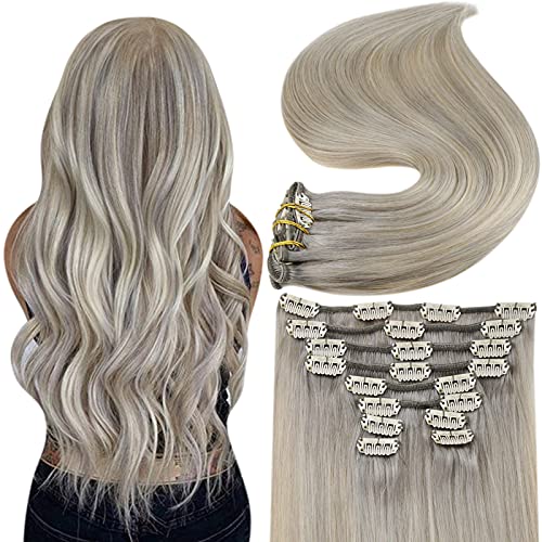 Fshine Balayage Clip in Hair Extensions Individual 10 Pieces Real Hair Extensions Clip in Human Hair Grey Blonde to Platinum 100G Human Hair Clip in Extensions Double Weft Natural for Women 14 Inch