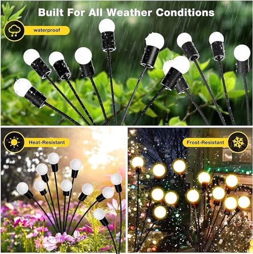 Image of PremiumAV Solar Firefly Lights for Garden Decor - 2-Pack, 12 LED Warm White Outdoor Fairy Lights for Yard, Patio, Landscape & Pathway Lighting