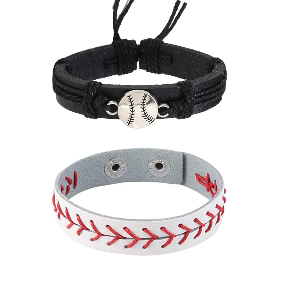 YWMAN 2PCS Baseball Leather Bracelets - Baseball Fans Athletes Bangle Cuff Wristband - Adjustable Commemorative Braided Bracelets for Women Men