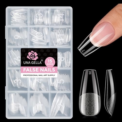 UNA GELLA Coffin Gel Nail Tips Medium 15 Sizes 300PCS Pre-Etched Clear Fake Nail Tips Easy DIY Salon Medium Coffin Press On Nails Snug Fit Full False Acrylic Tips Extensions Long-Lasting Hold