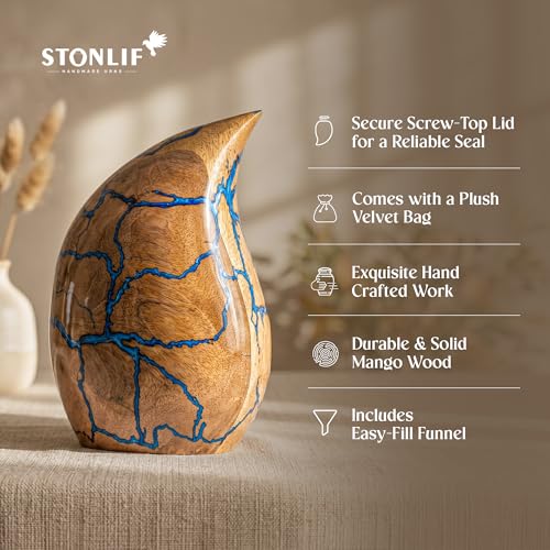 Image of Wooden Teardrop Cremation Urns for Human Ashes - 80 Cubic Inches Funeral Memorial Urn for Adult Women & Men - Blue Decorative, Burial Urn for Male or Female Memorial Display