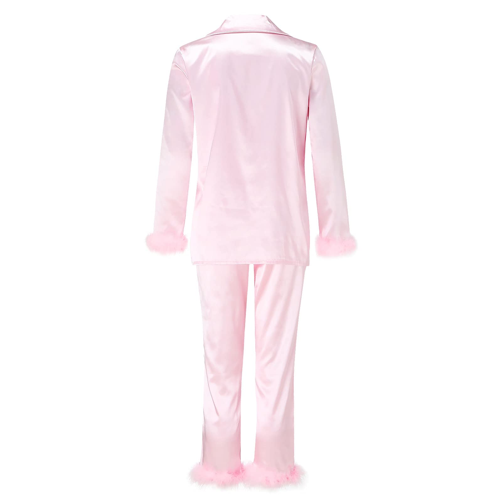 Conjunto de pijama para mujer, suave color sólido con plumas, cómodo conjunto de pijama de satén con solapa abotonada para invierno y otoño, conjunto de pantalones de pijama de algodón atractivo,