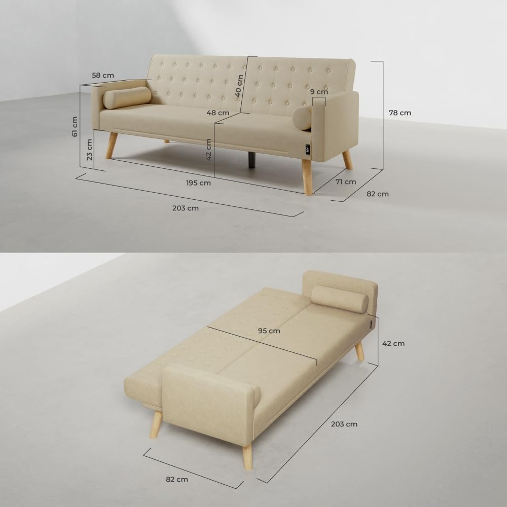 Nalui - Sofá Cama 3 Plazas Acolchado 203x82x78cm One Dots, 2 Cojines y Apertura Clic-Clac con Dif. Grados de Reclinación. Sofá Cama Chaise Longue con Patas de Madera Convertible en Cama Doble | Beig