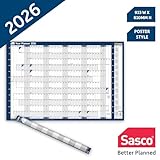 Sasco 2026 Wall Planner, Poster Style Year Calendar with Wet Wipe Pen & Stickers, 91.5x61cm, Blue, Wall Calendar 2026 UK and ROI Holidays Marked, Designed for Office, Home, School, and Family Use