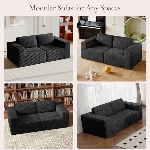 Image of Vesgantti 80 inch Modular Sectional Sofa, Corduroy Cloud Couch with Deep Seating & Spring Support, 2 Seater Compact Modular Couch, Boneless Sectional Sofa for Small Spaces, No Assembly Required, Black