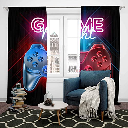 Loussiesd Boys Games Curtains Gamer Window Drapes for Teens Kids Men Black Modern Video Game Controller Window Treatments Cool Blue Red Action Buttons Window Curtain Room Decor W66*L72 - Image 2