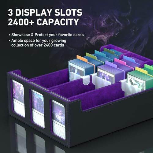 Image of 3-Row Trading Card Storage Box, Bulk Cards Case for 2400+ Mtg tcg Magic Playing Game Card Organizer, Commander Deck Box with 3 Supports & 24 Dividers