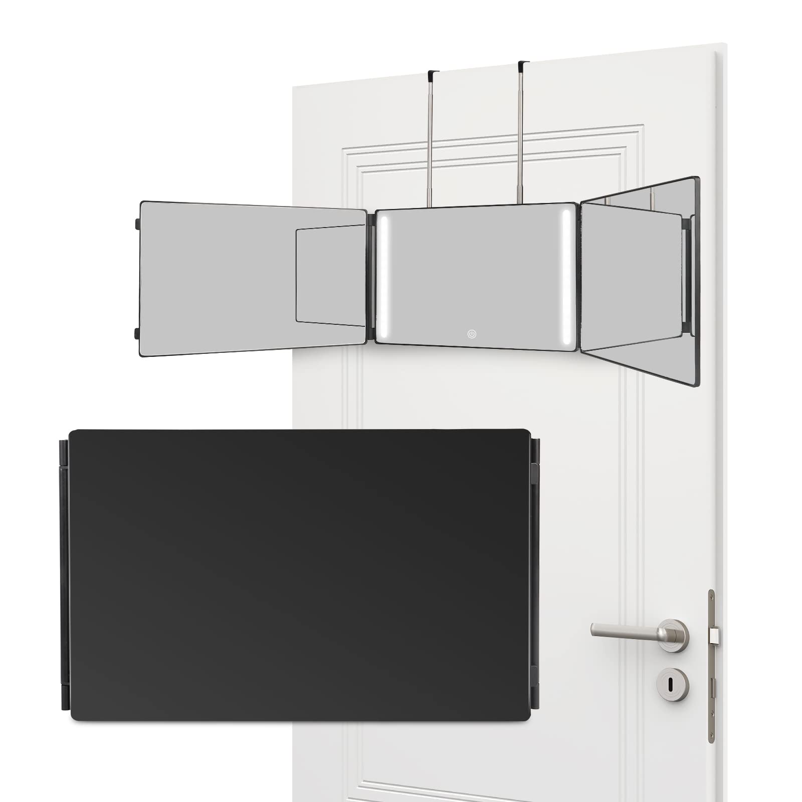 Dripex 3 Way Mirror, 360 Mirror with LED Lights Self Cut Hair, Trifold Vanity Mirror, Back View Mirror with Height Adjustable Telescoping Hooks