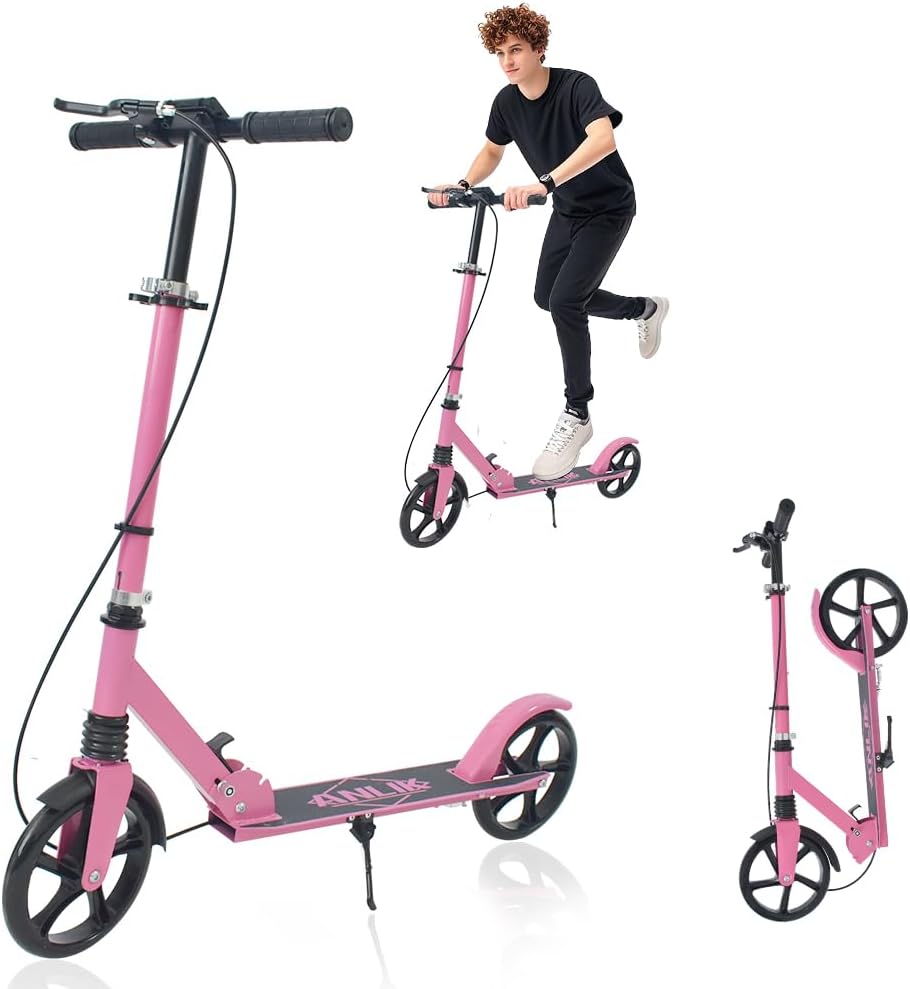 Dual-Brake Shock-Absorbing Kick Scooter, Anti-Skid PU Wheels, 4 Height-Adjustable Positions, Wider Pedals, Suitable for Children Over 6 Years Old, Teenagers & Adults Pink