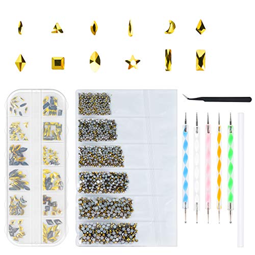 yinhua Nail Art Rhinestones Multi Shapes Glass Rhinestones 120Pcs, Clear Crystal Rhinestones 1728Pcs, Flatback Crystals 12 Mix Sizes for DIY Nail Art, with Pick Up Tweezer and Dotting Pen Gold