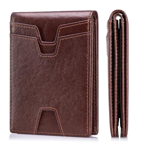 Image of Front Pocket Wallet for Men Slim Lightweight RFID Blocking Genuine Leather Bifold Thin Wallet with 10 Card Slots, Brown