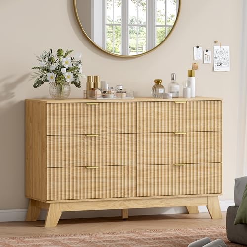 Image of Wodeer 6 Drawer Fluted Dresser for Bedroom, Mid Century Modern Wooden Dresser with 6 Drawers, Dressers & Chests of Drawers with Metal Handle, TV Stand & Storage Organizer for Entryway, Hallway, Oak