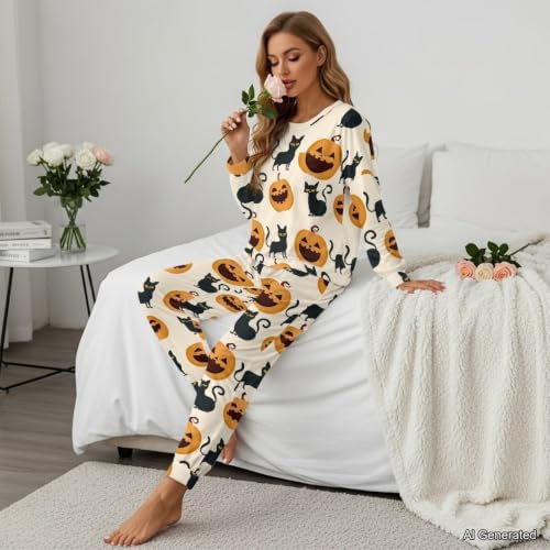Image of Womens Lounge Set Long Sleeve Soft Pajama Sets | Casual 2 Piece Pj Outfit, Crewneck Sleepwear with Pockets, Adjustable Drawstring, Soft Comfy Fall Pajamas, Plus Size