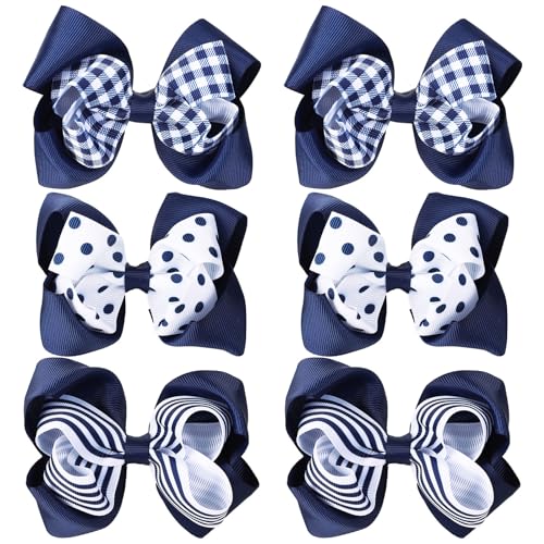 Image of Whaline Hair Bow Clips, 6Pcs Back to School Uniform Hair Accessories, Navy Blue Plaid Stripe Dot Grosgrain Ribbon Alligator Clips, 3 Styles