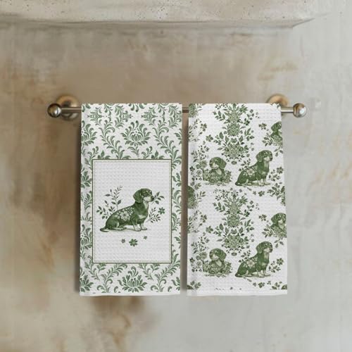 Image of Green Chinoiserie Dachshund Kitchen Towels Set of 2 | Perfect for Dachshund lovers, dog moms, housewarmings, birthdays, and holiday gifting.