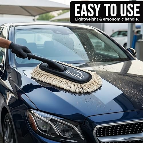Image of Auto Hub Car Duster - Lint-Free & Scratch-Free Car Cleaner Brush with Long Handle - Car Dust Cleaner Features Paraffin Wax Coating for 2X Better Cleaning Performance - Car Cleaning Brush - Pack of 2
