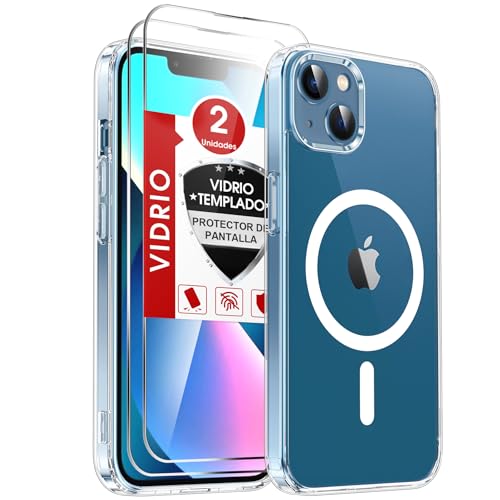 LeYi Funda Magnética para iPhone 13/iPhone 14 Compatible con MagSafe [2-Unidades] Cristal Templado, Case Silicona TPU Movil Carcasa Anti - Amarillo Antigolpes Clear Capa，Transparente