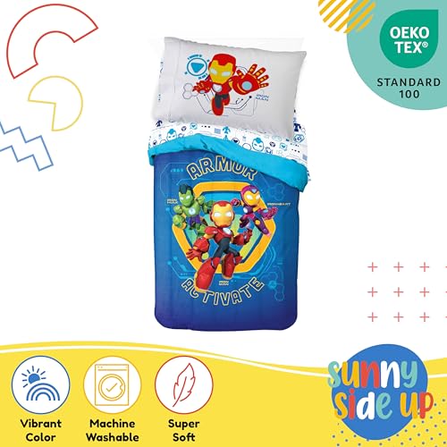 Image of Sunny Side Up Kids Comforter Set Includes Sheets and Pillow Covers - Soft and Cozy Bed Set for Stylish Room Decor, Blue - Iron Man and His Awesome Friends, 4 Piece Toddler Bed Frame Size Bedding