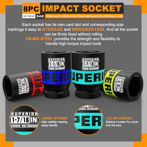 Image of 8 Piece 3 /4 inch Drive Impact Socket Set, 1 inch - 1-1 /2 inch Axle Nut Socket, SAE, 6-Point, Heavy Duty CR-MO, Large Automotive Repairs, Agricultural implement