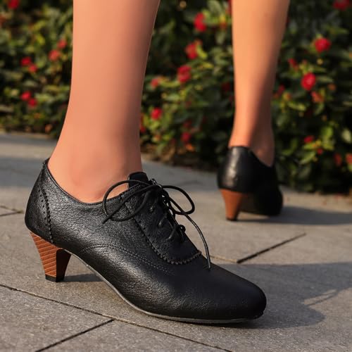 Women's Brown Classic Leather Stacked Heel Dress Mary Jane Round Toe Elegant Office Pumps4