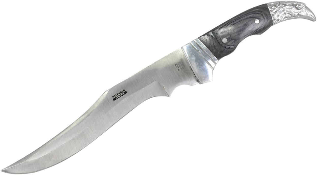 DEFENDER XTREME 12" Hunting Knife with Black Eagle Head Handle and Leather Sheath