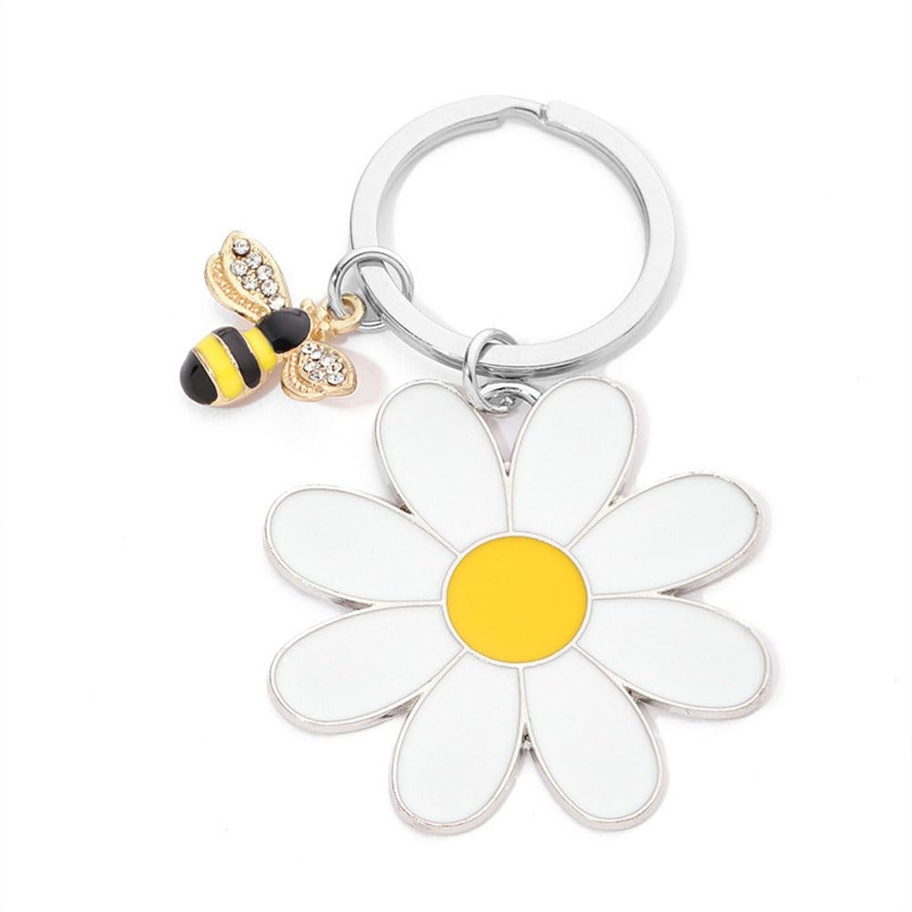 Shilipu Unisex Kids Multicolour Cute Daisy Bee Keychain Charm Ring Sunflower Pendant Key Holder Floral Charms For Keys Accessories