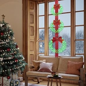 Hmlinktt 3 Piece Outdoor Lighted Christmas Wreath 61 L Christmas Wreaths with 3 Red Bow 300 LED Lights Christmas Wreaths for Front Door with Hook Wreath Decorations for Home Yard Green