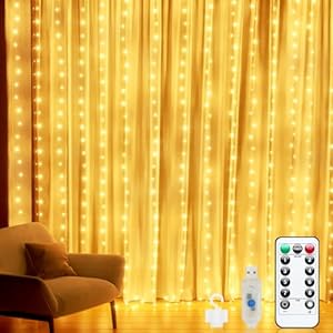 Lichtervorhang Innen LED Lichterkette Vorhang Außen 3x3m 300LEDs Weihnachtsdeko mit Fernbedienung Timer,8 Modi,IP65 Wasserdicht USB Fairy Lights für Weihnachten Fenster/Party/Zimmer/Balkon...
