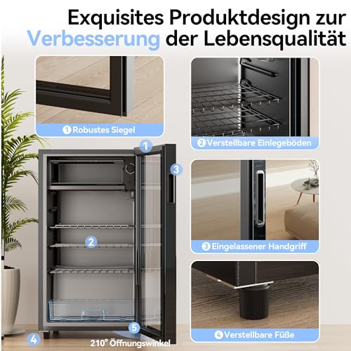 Professional Wine Cellar, Small 85L Beverage Refrigerator, Mini Fridge with 5-Level Temperature Regulation, Internal LED Lighting, 3 Adjustable Shelves、 - immagine 5