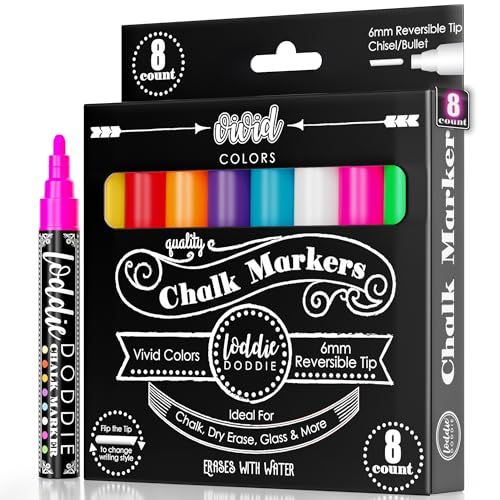 Loddie Doddie Liquid Chalk Markers - 8-Pack 6mm Dual Tips - Chalk Markers for Blackboard & Chalkboard Paint - Washable Window Pens for Glass - Erasable Pens