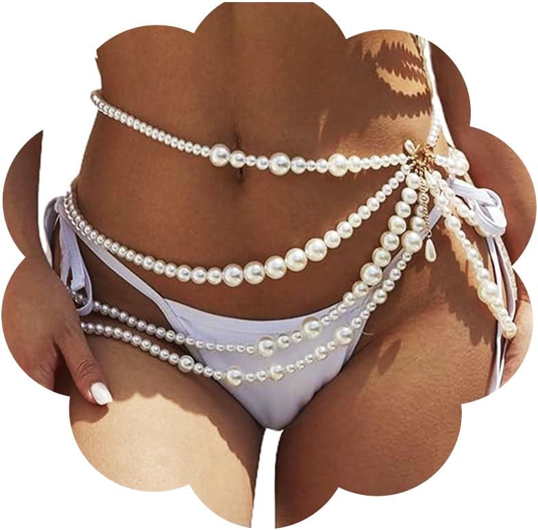 Pearl Waist Chain Pearls Body Jewelry Layered Belly Chain Dress Pearl Belt Summer Beach Rave Party Body Accessories