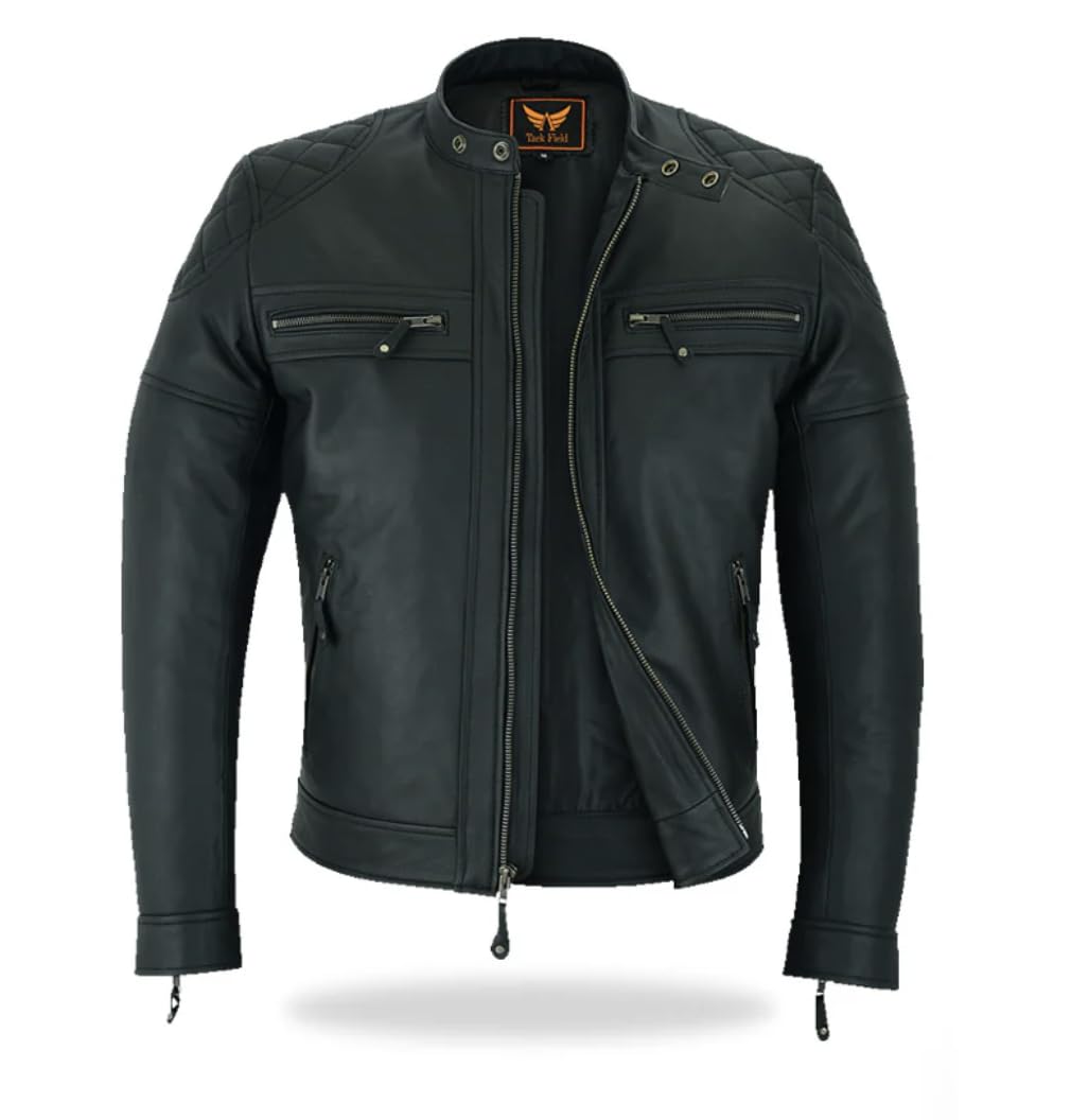 Mens Motorcycle Premium Hand Quilted Cow Aniline Leather Cafe racer Biker Jacket
