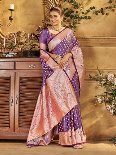 Image of Mehrang Women's Banarasi Silk Kanjivaram Saree For Wedding With Pure Zari Work, Woven Design, With Unstitched Blouse Piece