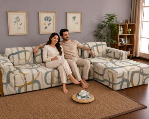 Image of Gifts Island Premium 160GSM Super Soft Beige Art Stretchable Sofa Cover L Shape 7 Seater Fully Covered | Suitable for Both Left and Right Side Chaise Sofa (Beige Art, 4+3 Seater)