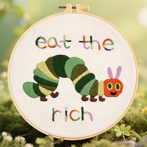 Image of Hungry Caterpillar Embroidery Kits for Beginners Adults, Cute Embroidery Starter Kits, Counted Cross Stitch Kits for Beginners DIY Craft Kits for Adults Women, Embroidery Hoop, Thread & Video Tutorial