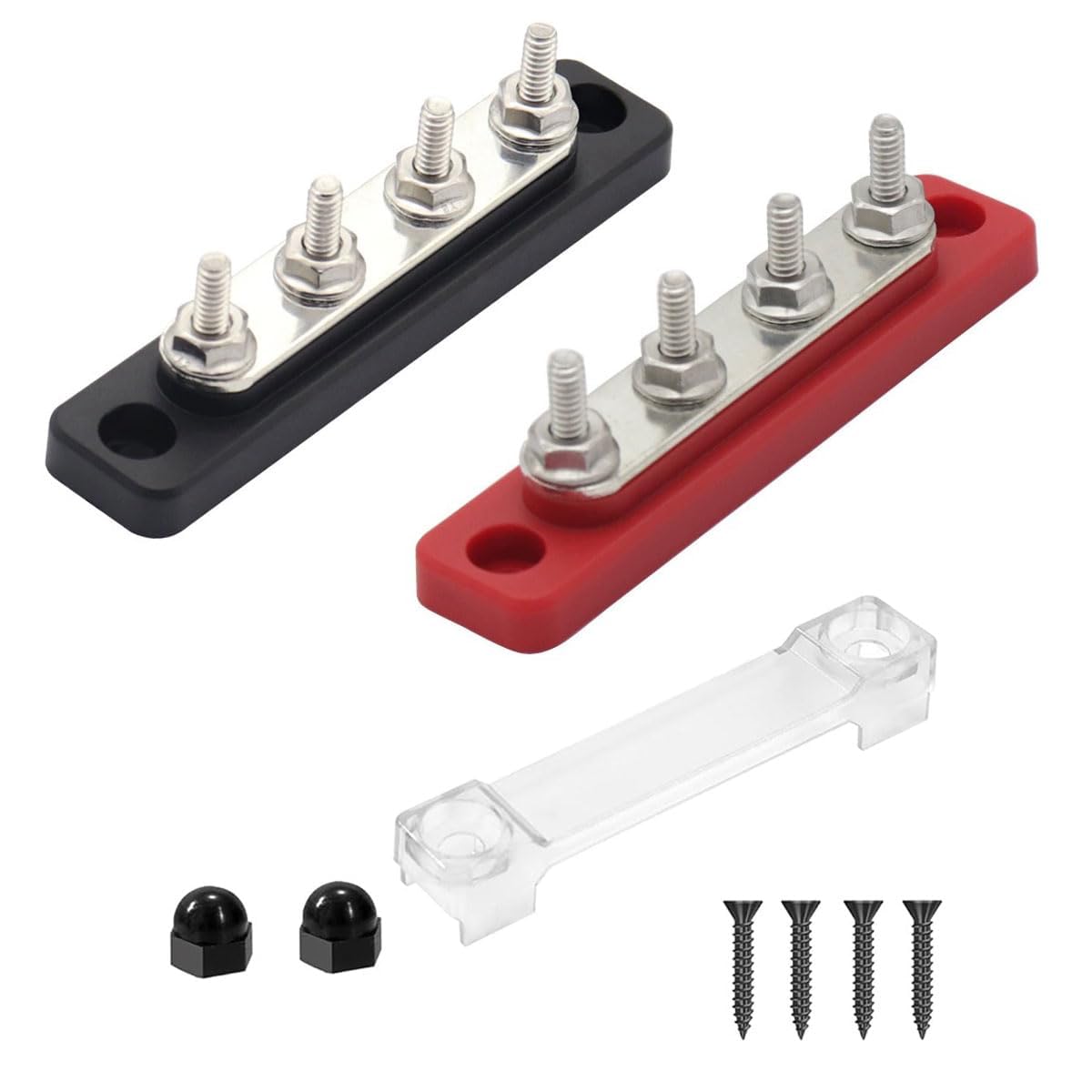 Alrens 2 sztuki szyn zbiorczych 12 V-48 V DC, blok rozdzielczy, szyna zbiorcza 150 A, blok rozdzielaczy 2-drożny z bolcem łączącym M6, do samochodów osobowych, ciężarowych, jachtów, czerwony, czarny,
