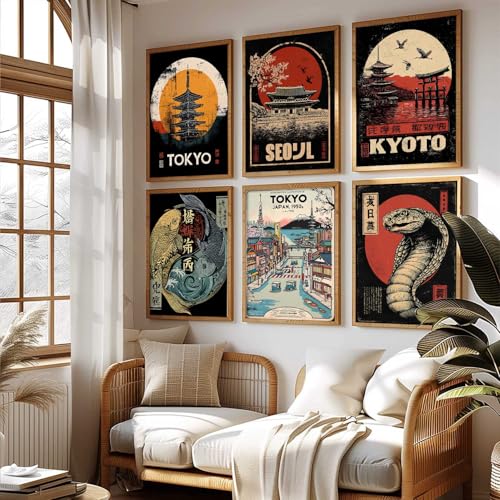 Image of HOTHOUSE Aesthetic Japanese Nature and City View Wall Framed Posters | Japanese Nature and City View Framed Poster for Living Room Bedroom Gaming Room Studio Wall Decor Set Of 6 (13X17 inch)
