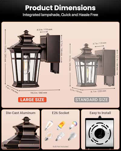 Image of Gleamz Large Exterior Lighting Fixtures with GFCI Outlet, Oil Rubbed Bronze Dusk to Dawn Outdoor Lighting, Outdoor Porch Light for House, Garden, Doorway, Garage, Waterproof, Anti-Rust