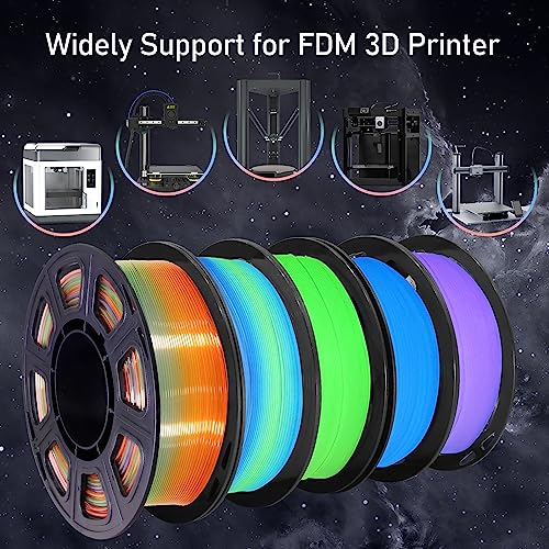 Image of TTYT3D PLA 3D Printer Filament 5 in 1 Bundle: Glow in Dark Green /Blue /Purple /Rainbow, One Spool Clear Multi Colored, Each Spool 250g, Total 1.25Kg 3D Printing Material, 250g x 5 Spools PLA