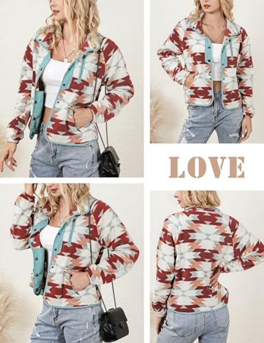 happlan Womens Fleece Jacket Western Aztec Print Sherpa Long Sleeve Snap Button Down Shacket Vest Jackets with Pockets4