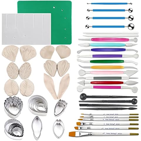 60pcs Gumpaste Flower and Leaf Tool Kit 6set Fondant Flower Silicone Molds 6set Gum Paste Flower Cutter 20pcs Sugar Paste Modelling Tool 6pcs Brushes 1pcs Petal Leaves Veining Board 1 Flower Foam Pad Cover