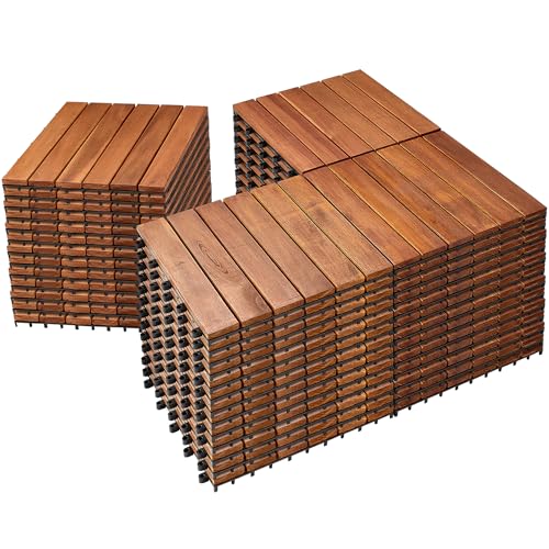 PrimeZone 54 PCS FSC Certified Acacia Wood Interlocking Deck Tiles - 12" x 12" Waterproof Indoor Outdoor Patio Flooring Decking Tiles for Balcony, Backyard & Poolside, All Weather Use, Natural Wood