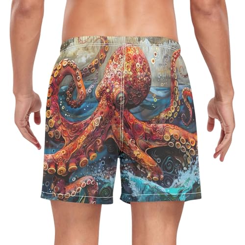 Red Octopus Mens Swim Trunks with Compression Liner 4.7" Inseam Quick Dry Swimming Shorts#5983