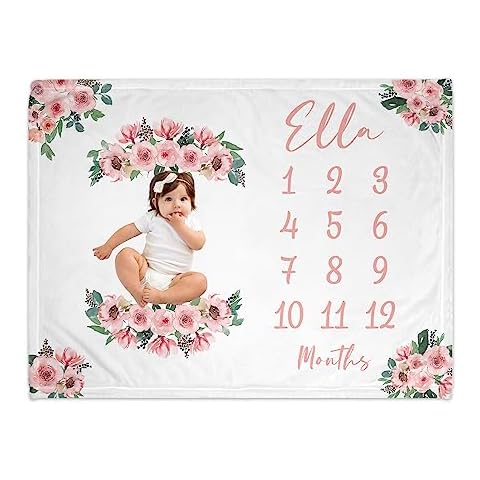 Girls Love A Monogram - Personalized Floral Pink Blushing Baby Monthly Milestone Blanket Girl - Custom Baby Milestone Blanket for Baby Girl - Monthly Baby Milestone Blanket Cover