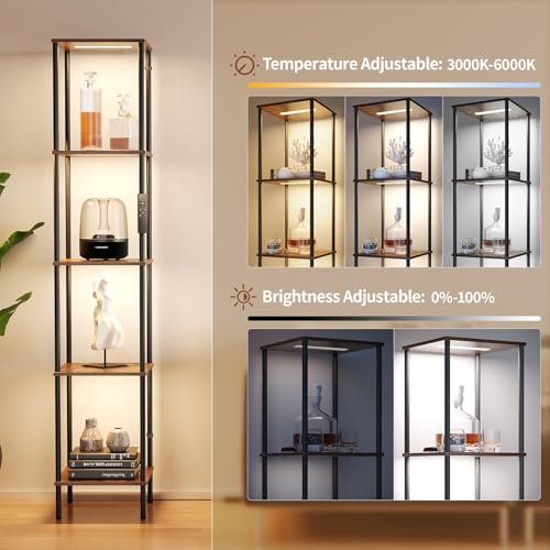 Image of SUNMORY 5 Tier Display Shelf with LED Light, Display Case for Collectibles with App & Remote Control, Display Curio Cabinet with 3 Color Temperatures, Dimmable Floor Lamp with Shelves for Living Room