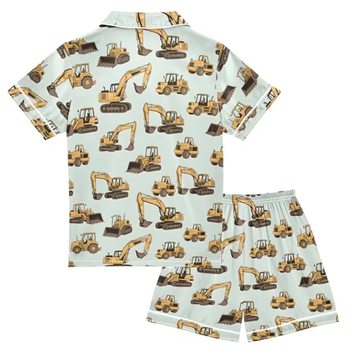 Excavator Tractor Bulldozer Print Summer Pajamas Set Soft Satin Pjs Sets 2 Piece Short Sleeve Sleepwear Casual Clothes2